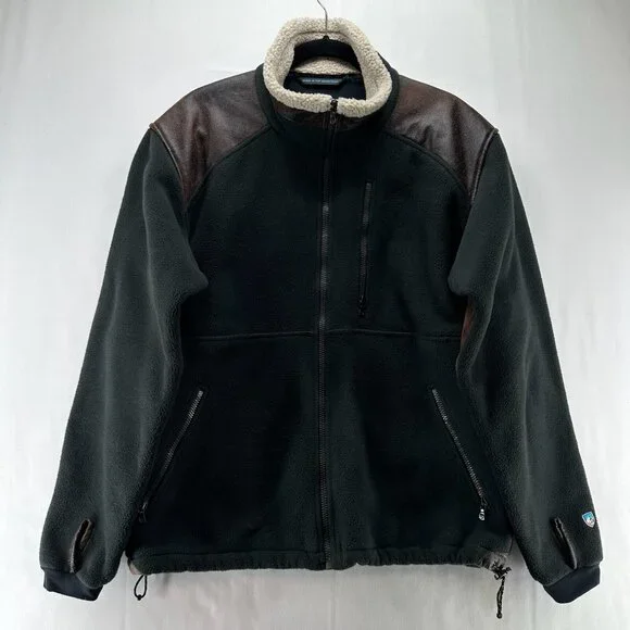KUHL Jacket Mens Sz M Alpenwurxs Faux Leather Trim Sherpa Fleece Full Zip Black - Picture 1 of 12